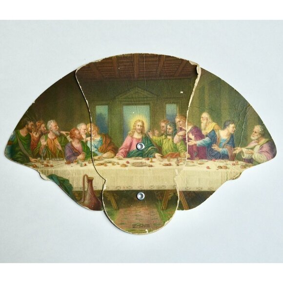 Vintage Funeral Home Last Supper Expandable Hand Fan Cardboard Paper - Picture 1 of 5